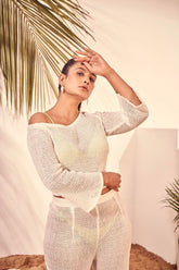 On The Beach: White Mesh Crop Top & Wide-Leg Pants Set